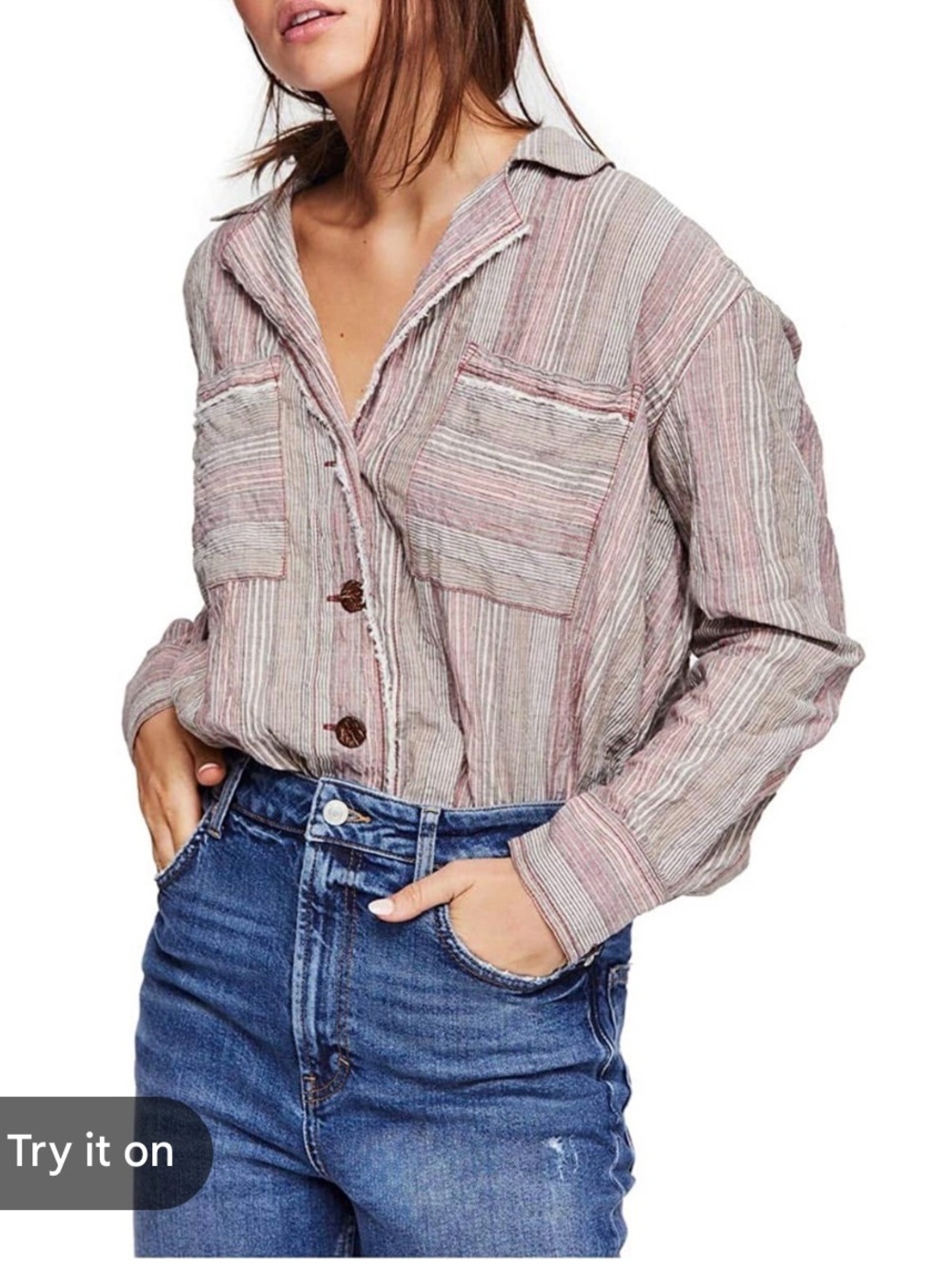 Free People High Tide Pink Sands Striped Button-Down Shirt